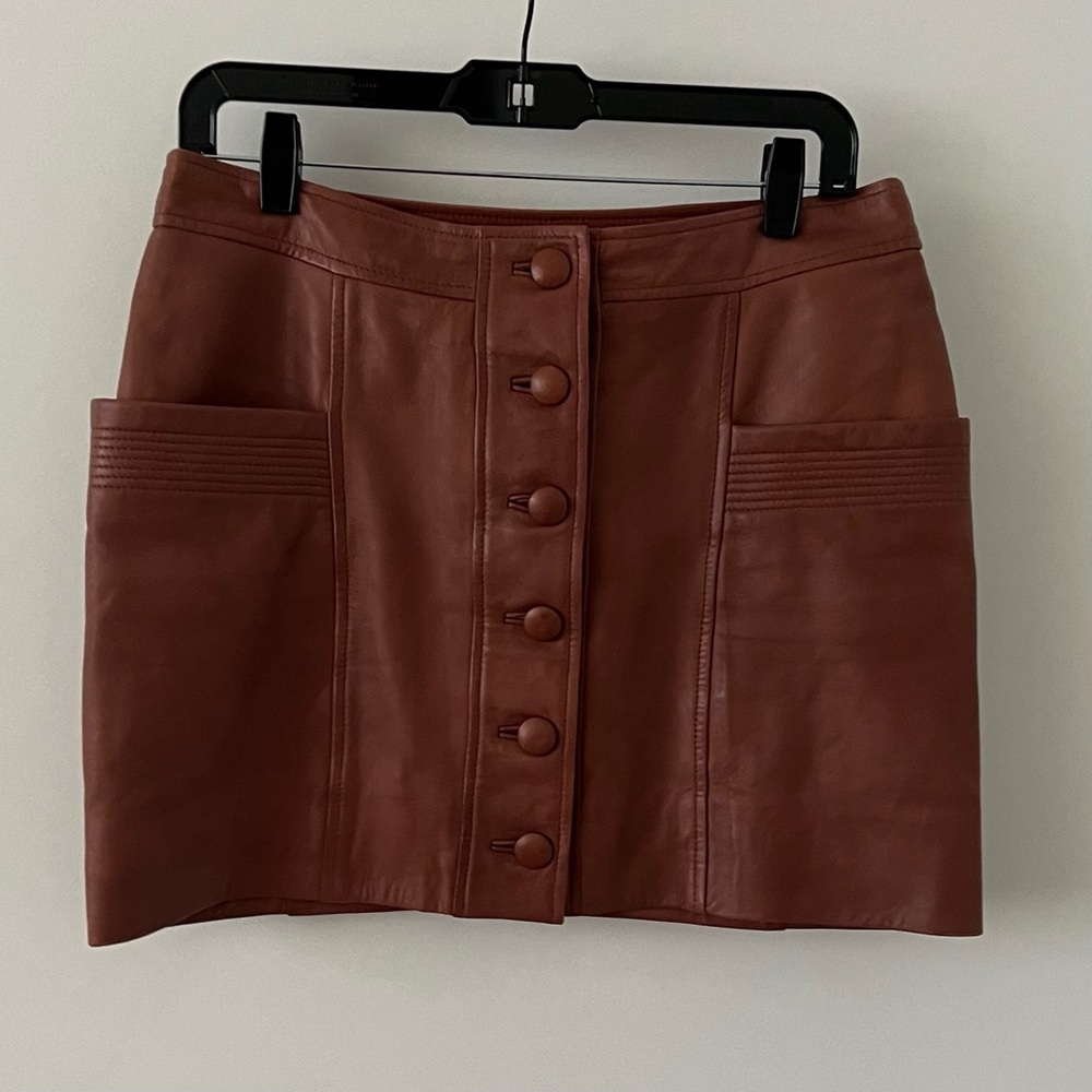 Sezane Alison Skirt Lamb Leather Brown Straight Cut Pencil Skirt With Pockets